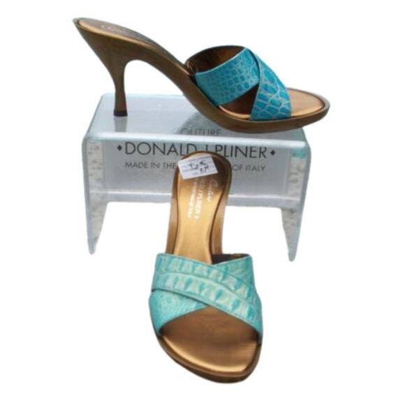 Donald Pliner Metallic Gator Leather Shoe New Turquoise Gold Slide $235 NIB